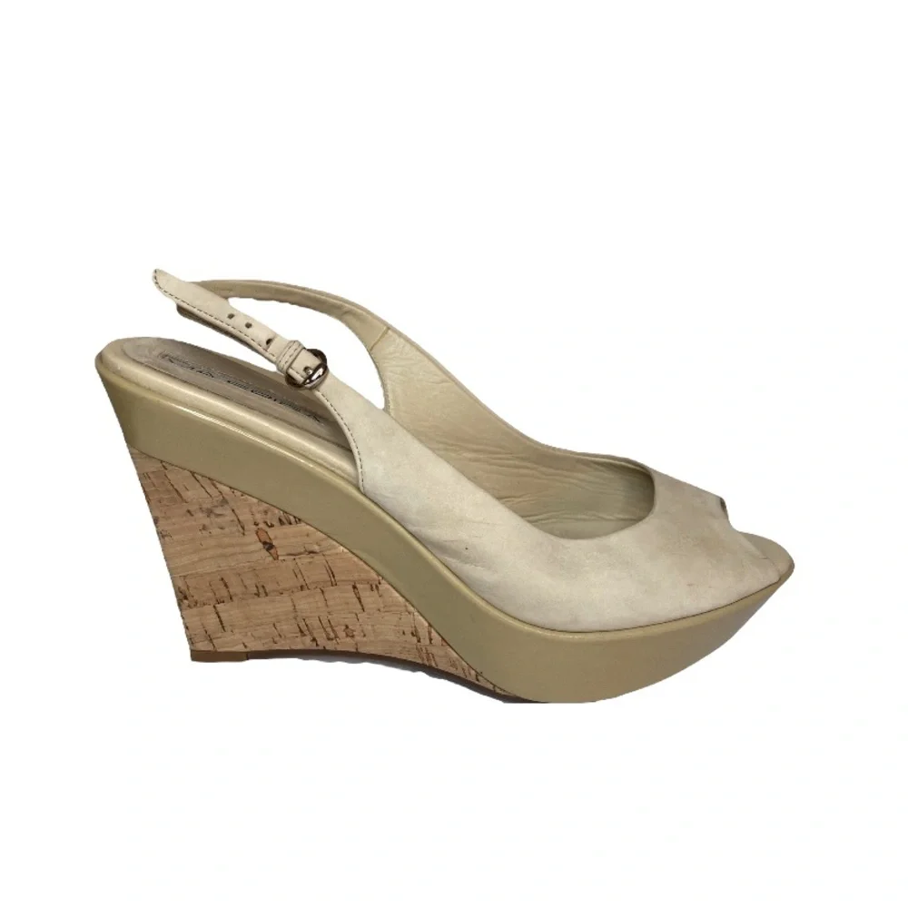 Via Spiga Off White Cork Bottom Leather Peep Toe Slingback Platform Wedges